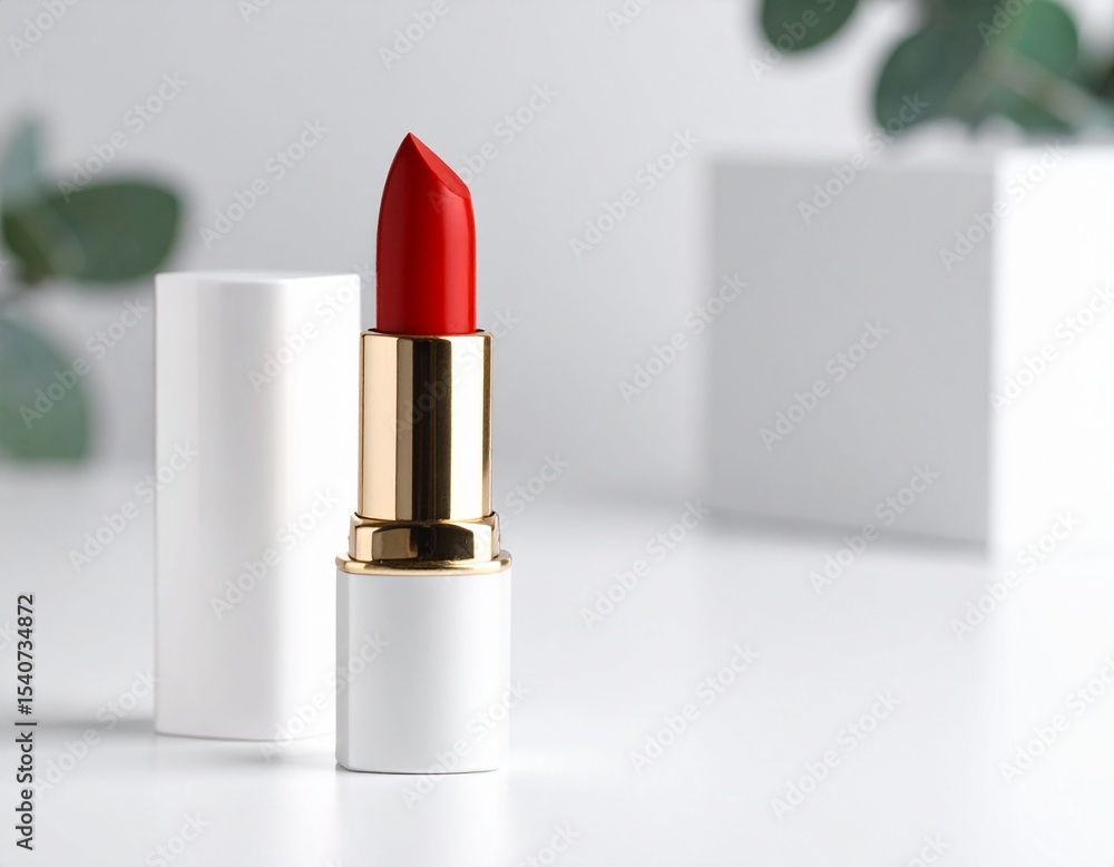 Elegant Red Lipstick in Gold Casing on White Pedestal with Greenery Elegant Red Lipstick in Gold Casing on White Pedestal with Greenery