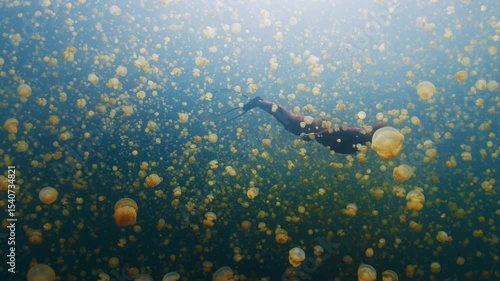 Freediver swims in the lake full of jellyfish. Male diver gently glides underwater among the millions of jellyfish