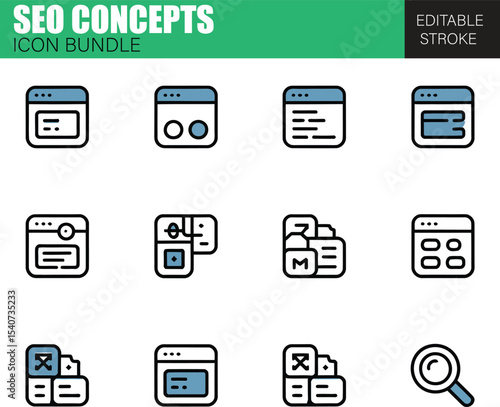 Complete SEO Concept Icon Pack – Flat Vector Graphics for Search Engine Marketing, Website Traffic, and Optimization Techniques
