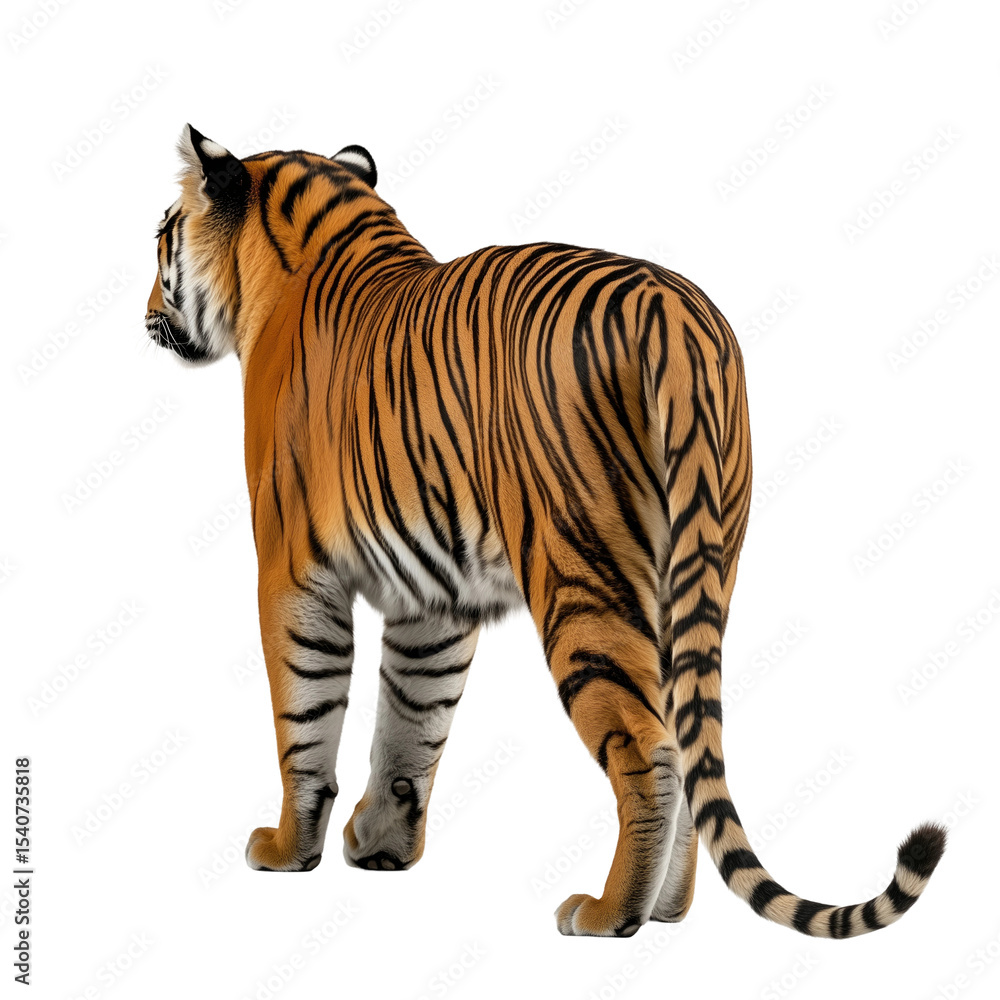 Obraz premium Majestic Tiger Walking Away in Profile isolated on white or transparent background, png. Easy to place on any other background