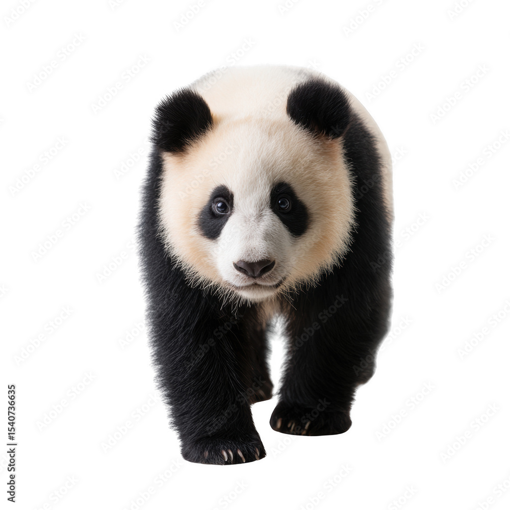 Naklejka premium A cute panda walking towards the camera on a white isolated background, showcasing its distinctive black and white fur, round face, and playful demeanor.