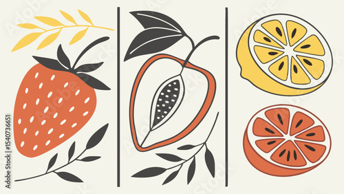 Stylized fruit print strawberry papaya lemon grapefruit