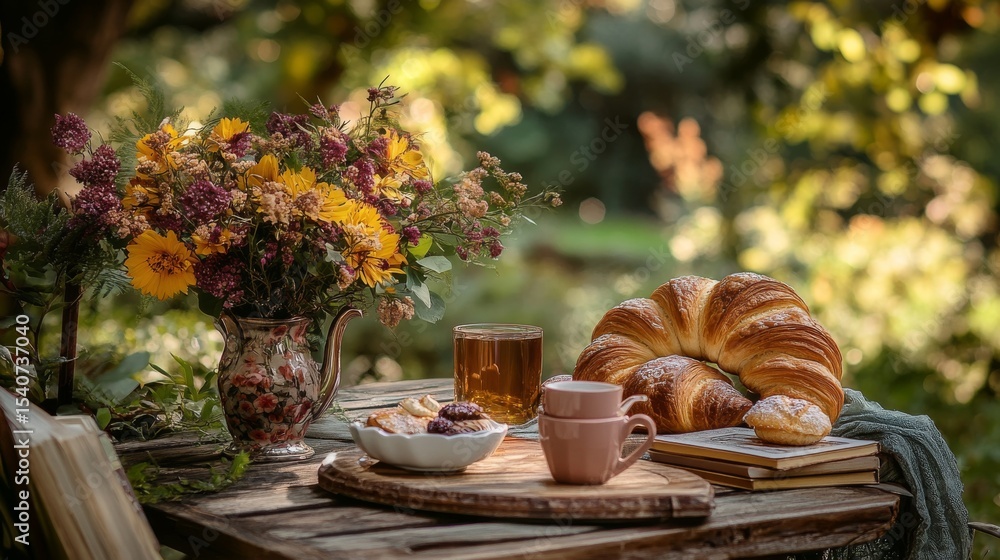 Autumn garden table with flowers, croissant, tea or coffee, and books--perfect for rest, reading, or breakfast in nature. Autumn garden table with flowers, croissant, tea or coffee, and books--perfect for rest, reading, or breakfast in nature.
