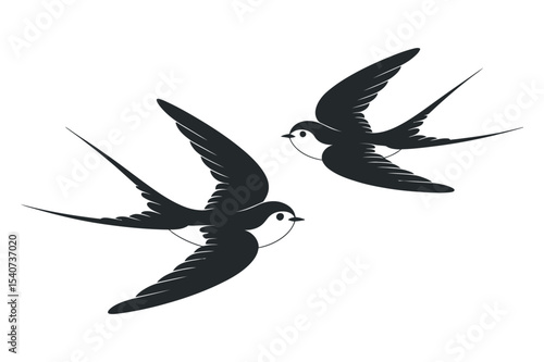 Two stylized swallow silhouettes in flight against a white background