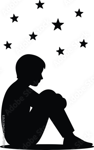 Silhouette boy sitting under stars dreaming vector illustration