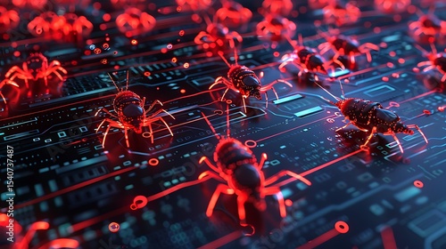 Digital bugs crawling across a circuit board.