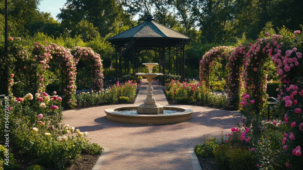 Charming park featuring rose arches, a pavilion, walking paths, and a graceful fountain. Charming park featuring rose arches, a pavilion, walking paths, and a graceful fountain.