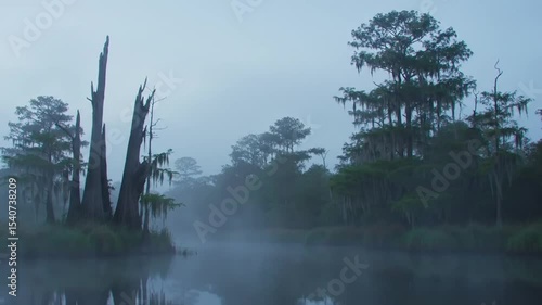 Eerie Swamp Landscape With Trees Covered In Spanish Moss Under Cloudy Sky