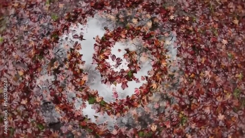 Aerial Fall Foliage In Puddle Reflection Creates A Striking Pattern