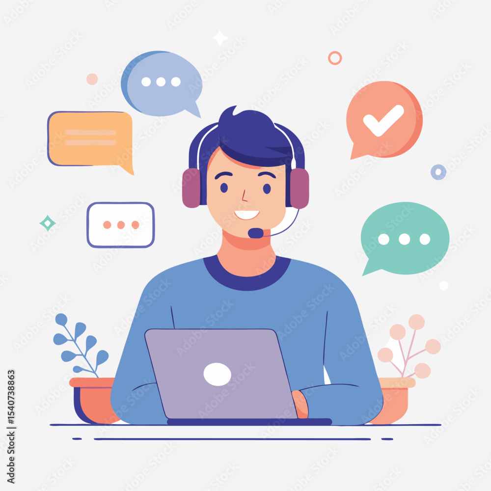 Smiling fairskinned man uses laptop and wears headset, surrounded by chat bubbles with light grey background Smiling fairskinned man uses laptop and wears headset, surrounded by chat bubbles with light grey background