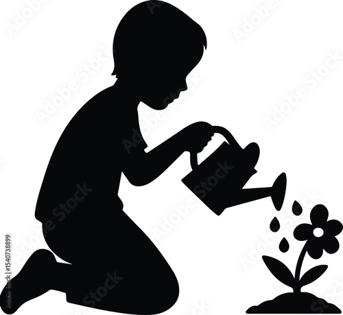 Silhouette boy watering flower in garden vector illustration