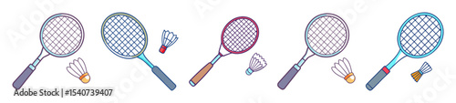 Colorful Cartoon Badminton Rackets and Shuttlecocks Arranged in a Row