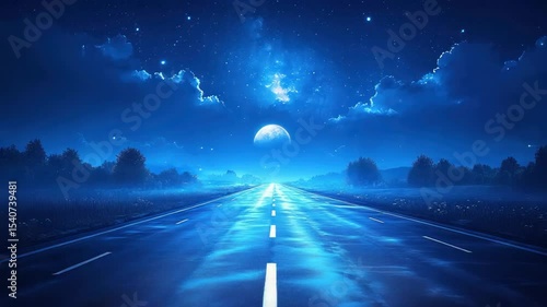 A lonely road stretches into a night sky filled with stars and a luminous moon.  Misty fields and trees line the edges of the asphalt highway