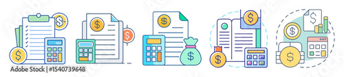 Financial planning and accounting icons showing business documents and monetary calculations