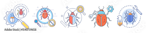 Set of vector illustrations depicting software debugging and bug fixing processes