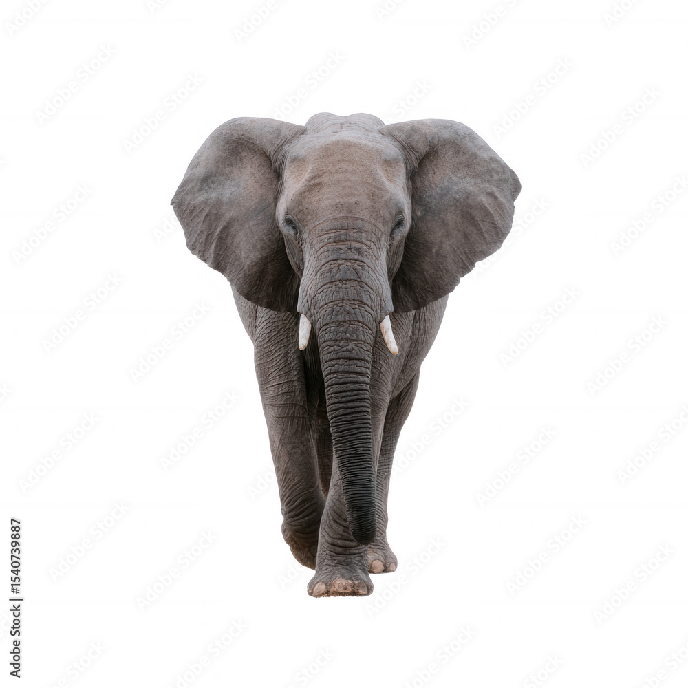Fototapeta premium A majestic elephant walking confidently towards the viewer, showcasing its large ears and trunk against a clean white background.