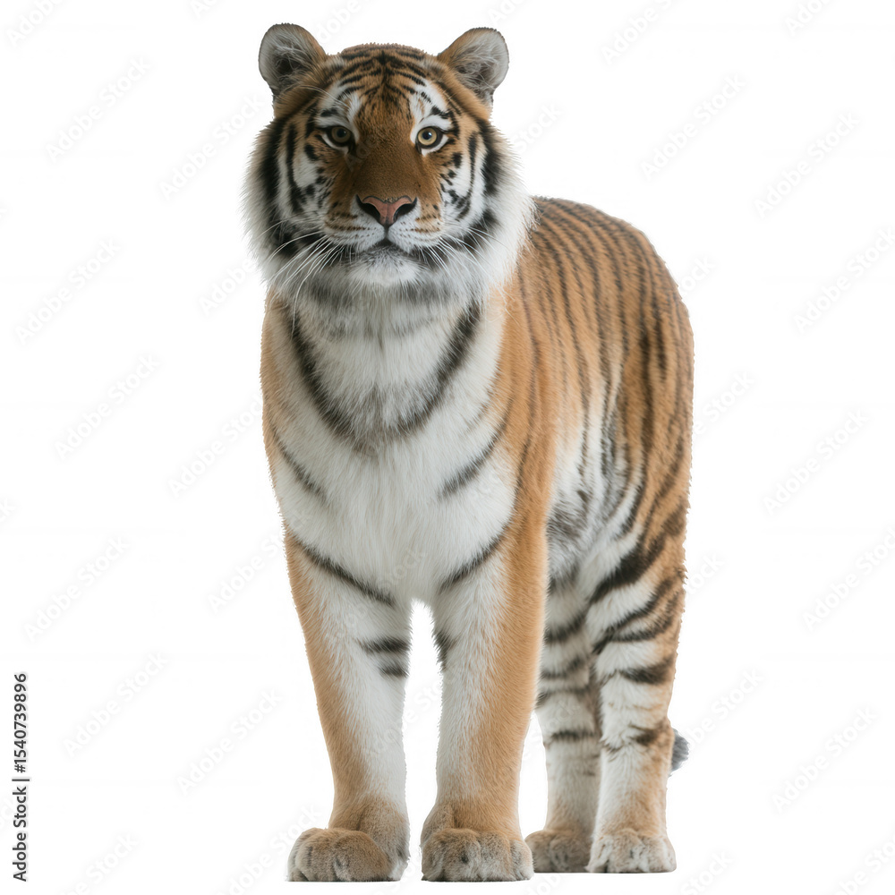 Fototapeta premium A majestic tiger stands poised with its striking orange and black stripes showcased against a white isolated background. Perfect for wildlife enthusiasts and conservation themes.