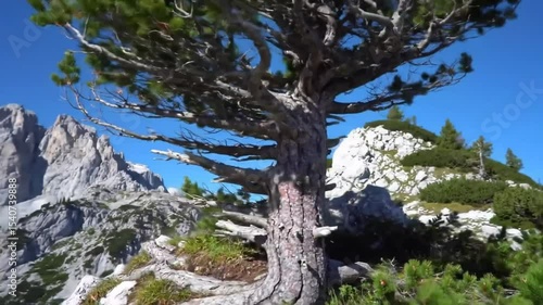 Resilient Tree Growing On Rocky Mountain Peak In Sunny Day