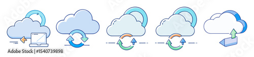 Various representations of cloud computing with data transfer and synchronization metaphors