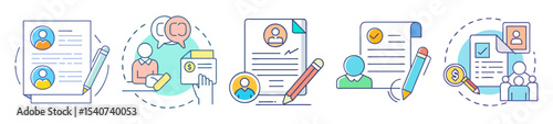 A set of vector illustrations showcasing various aspects of resume evaluation process