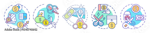 Expense reduction strategies shown with scissors cutting money and cost savings