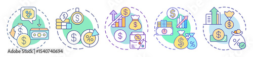 Icons depicting monetary growth, financial strategies and investment related growth patterns