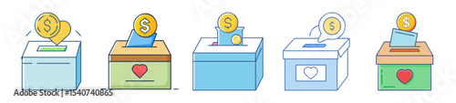 Collection of stylized donation boxes with heart symbols and money icons