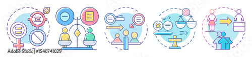 Illustrations depicting gender equality and diversity in various social and professional contexts