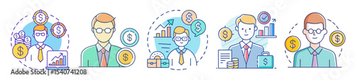 Vector illustration of business professionals, money, data and targets to reach goals