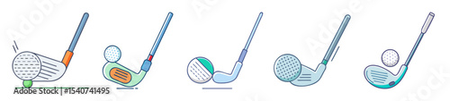 Collection of five stylized golf clubs striking or near golf balls illustration