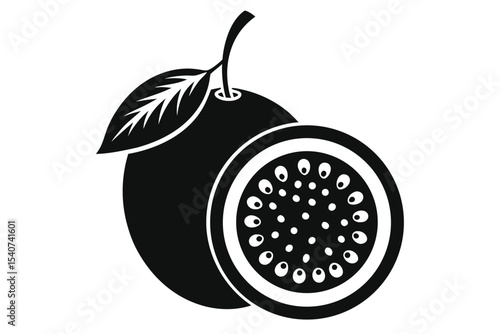 Graphic Passion Fruit Illustration Whole Fruit with Leaf and Slice Displaying Seeds