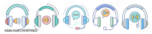 Five different styles of modern headphones featuring audio and communication themes