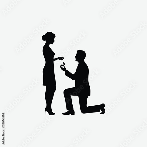 Elegant black and white silhouette of a man proposing on one knee to a woman in heels. Perfect romantic vector for love, engagement, or wedding-themed designs.