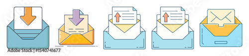 Collection of pastel colored envelope icons with outgoing and incoming mail graphics
