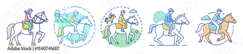 Colorful linear illustrations depicting the equestrian sport of horseback riding activities