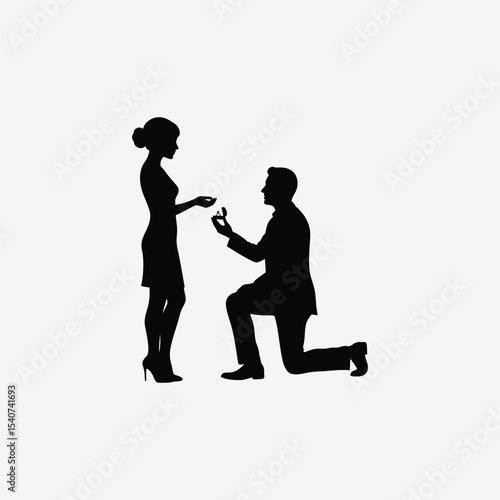 Elegant black and white silhouette of a man proposing on one knee to a woman in heels. Perfect romantic vector for love, engagement, or wedding-themed designs.