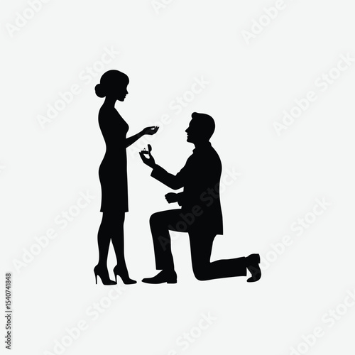 Elegant black and white silhouette of a man proposing on one knee to a woman in heels. Perfect romantic vector for love, engagement, or wedding-themed designs.