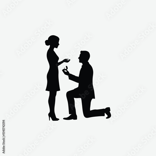 Elegant black and white silhouette of a man proposing on one knee to a woman in heels. Perfect romantic vector for love, engagement, or wedding-themed designs.