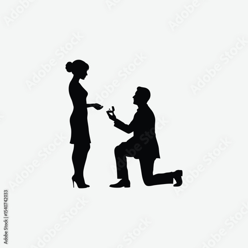 Elegant black and white silhouette of a man proposing on one knee to a woman in heels. Perfect romantic vector for love, engagement, or wedding-themed designs.