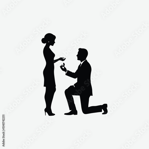Elegant black and white silhouette of a man proposing on one knee to a woman in heels. Perfect romantic vector for love, engagement, or wedding-themed designs.