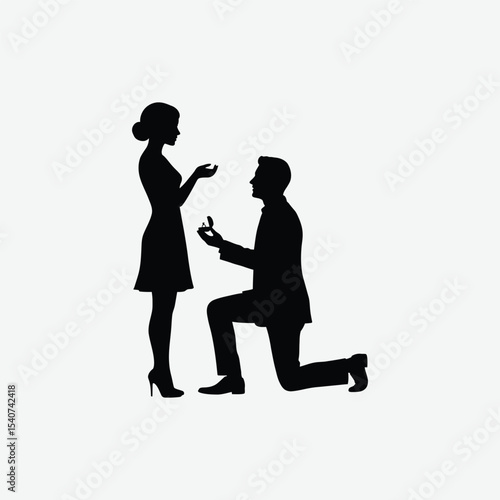 Elegant black and white silhouette of a man proposing on one knee to a woman in heels. Perfect romantic vector for love, engagement, or wedding-themed designs.