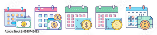 Financial planning and expense tracking depicted with colorful calendars and money symbols