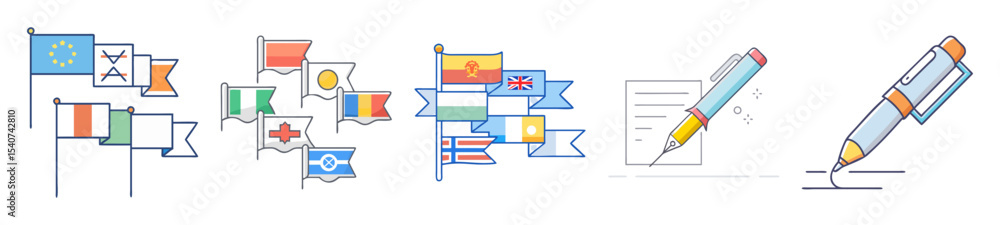 International Flags and Writing Utensils Illustrating Global Agreements and Communication Processes Concept International Flags and Writing Utensils Illustrating Global Agreements and Communication Processes Concept