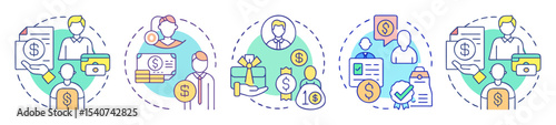 Diverse income streams and financial prosperity icon set for various applications