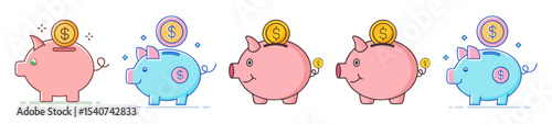 Adorable Piggy Bank Character Set for Saving Money, Illustration, Financial Concept