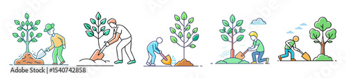 Illustrations depicting planting trees, representing environmental conservation and sustainable practices