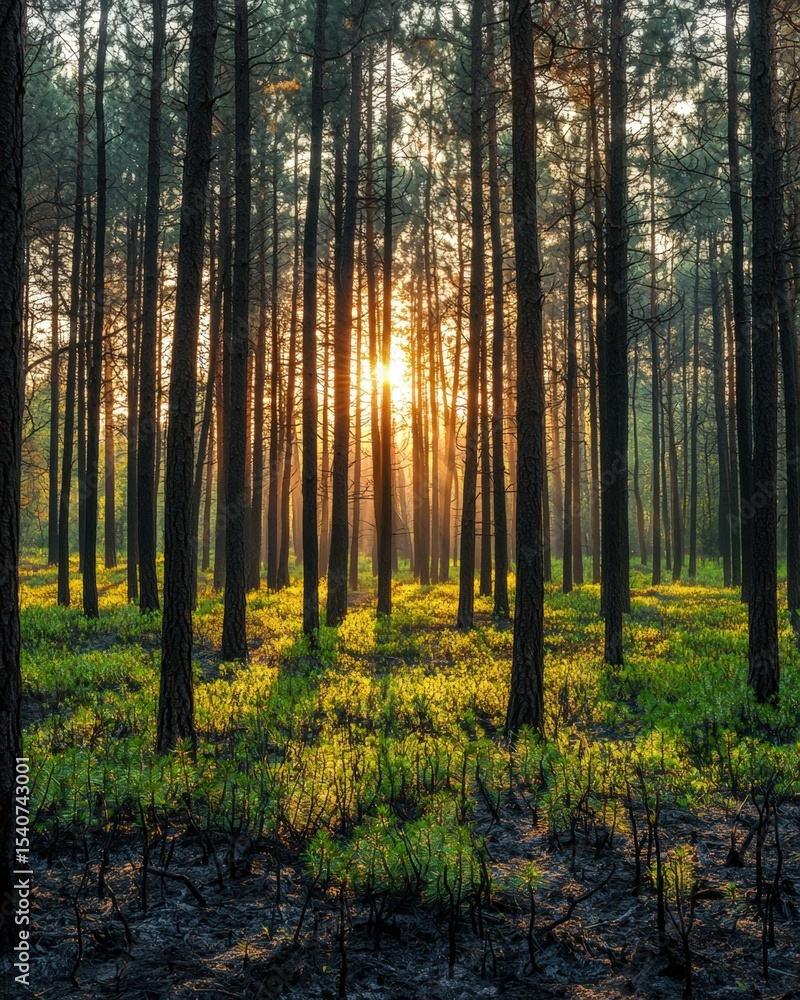 Fototapeta premium Sunlight filtering through a dense pine forest at sunrise with lush green undergrowth