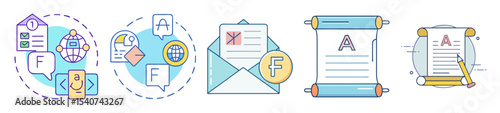 Illustration set depicting website translation, foreign language writing and international communication