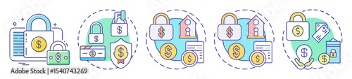 Protecting Assets and Finances with Security Measures and Safe Investments Icons