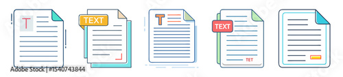 Five document icons in a row representing text file formats and documents